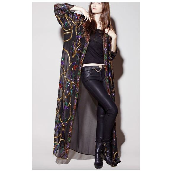 Vintage 1980s Long Sheer Sequin Beaded Duster Coat - Picture 9 of 9